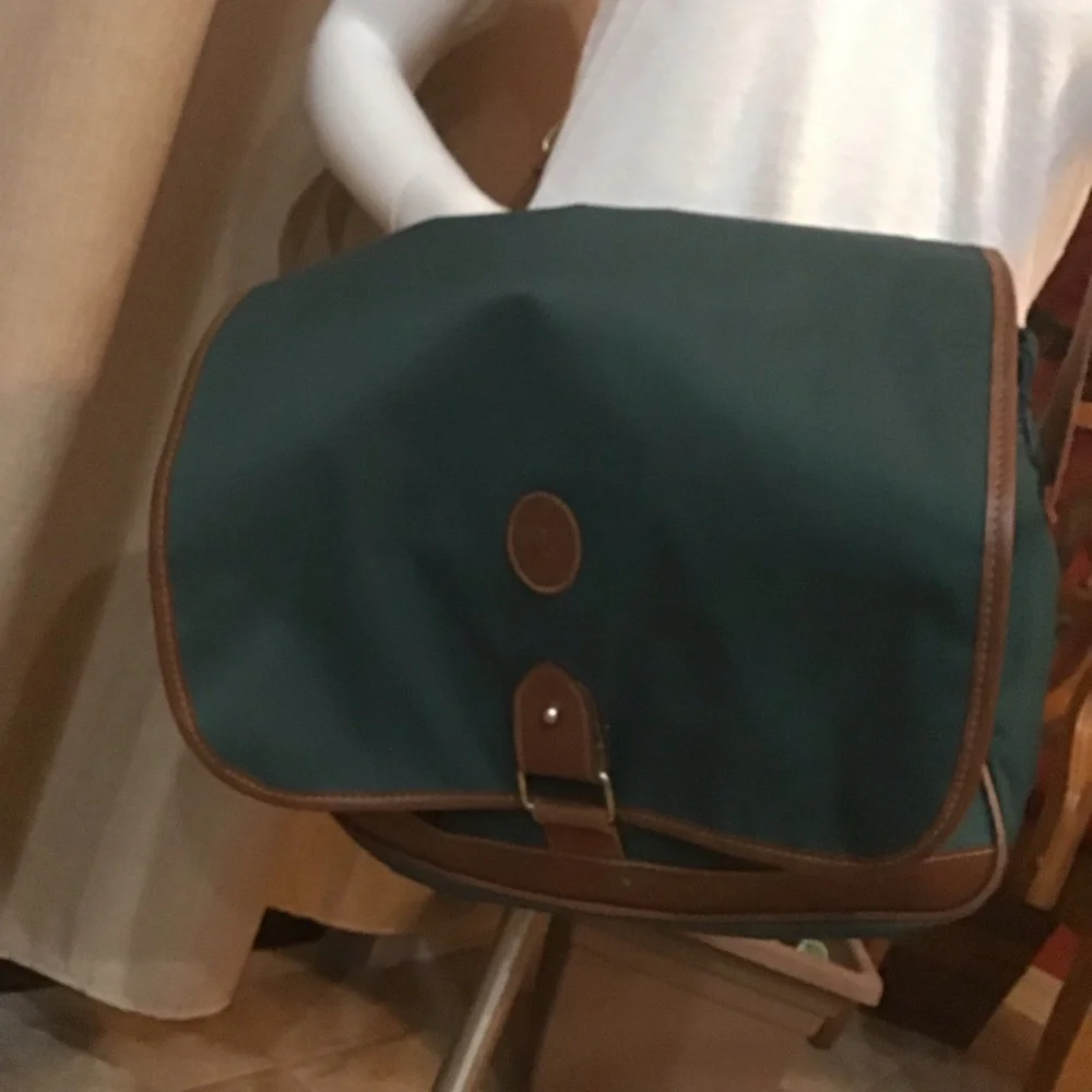 Polo Ralph Lauren Vintage Messenger Bag Hunter Green Brown Leather Trim